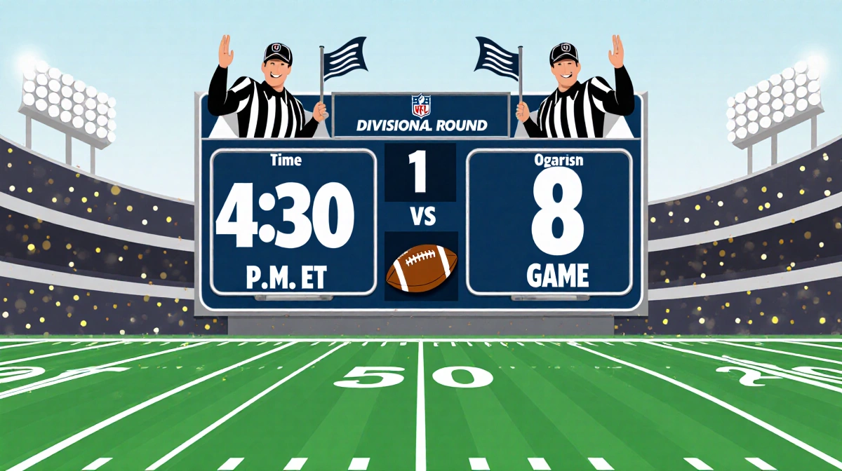 Stadium scoreboard showing NFC Divisional Round kickoff times with Game 1 and Game 2 above football field background