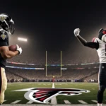 Captain standing proud holding football with NFC South logo on field and cheering championship crowd