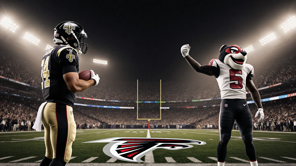 Captain standing proud holding football with NFC South logo on field and cheering championship crowd