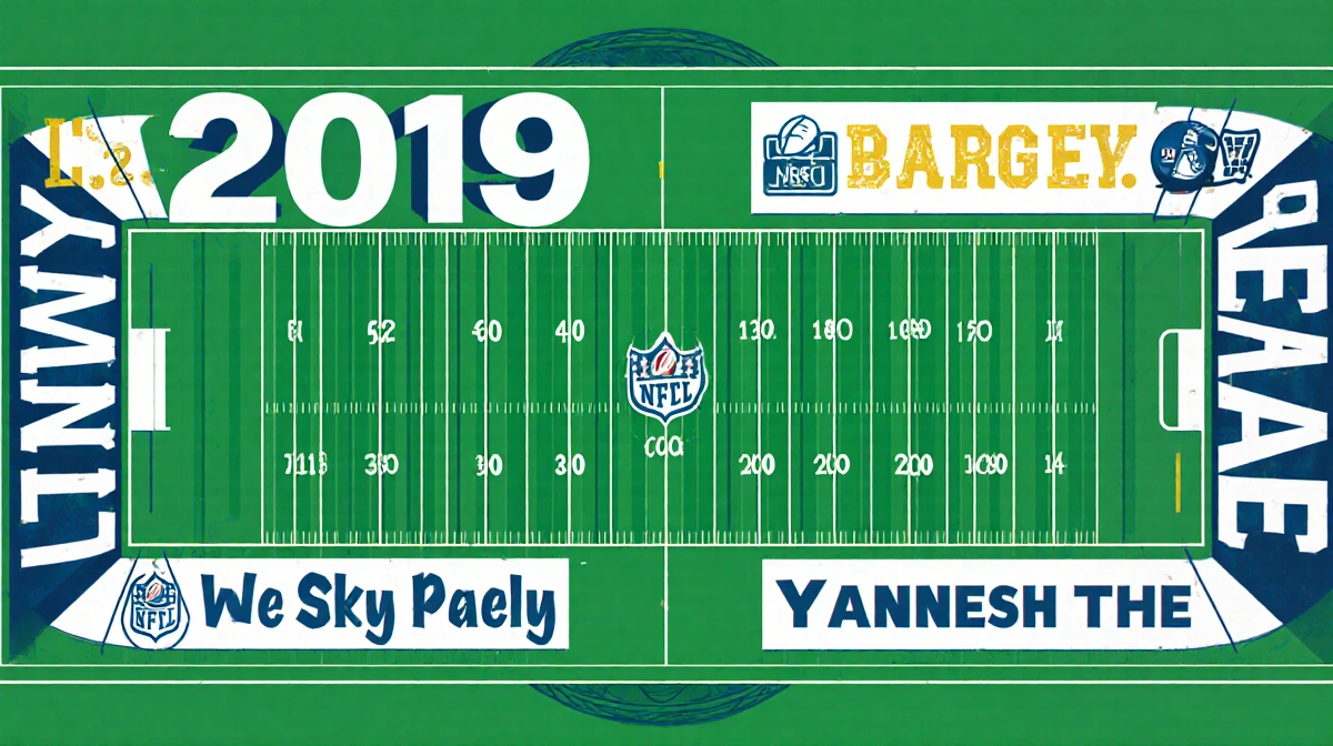 Football field shows four end zones with 2019 NFL messages and bold year marking