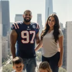 Ben Johnson stands with wife Jessica and their children playing at their feet while wearing NFL attire with Chicago skyline b