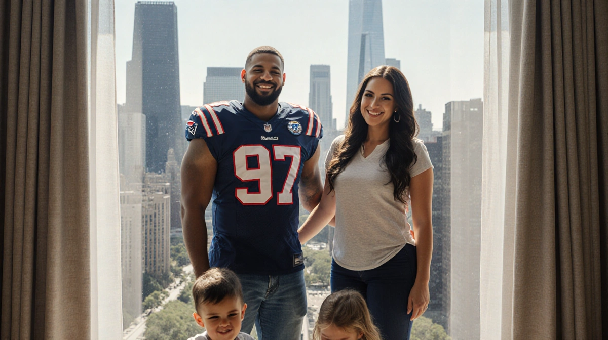 Ben Johnson stands with wife Jessica and their children playing at their feet while wearing NFL attire with Chicago skyline b