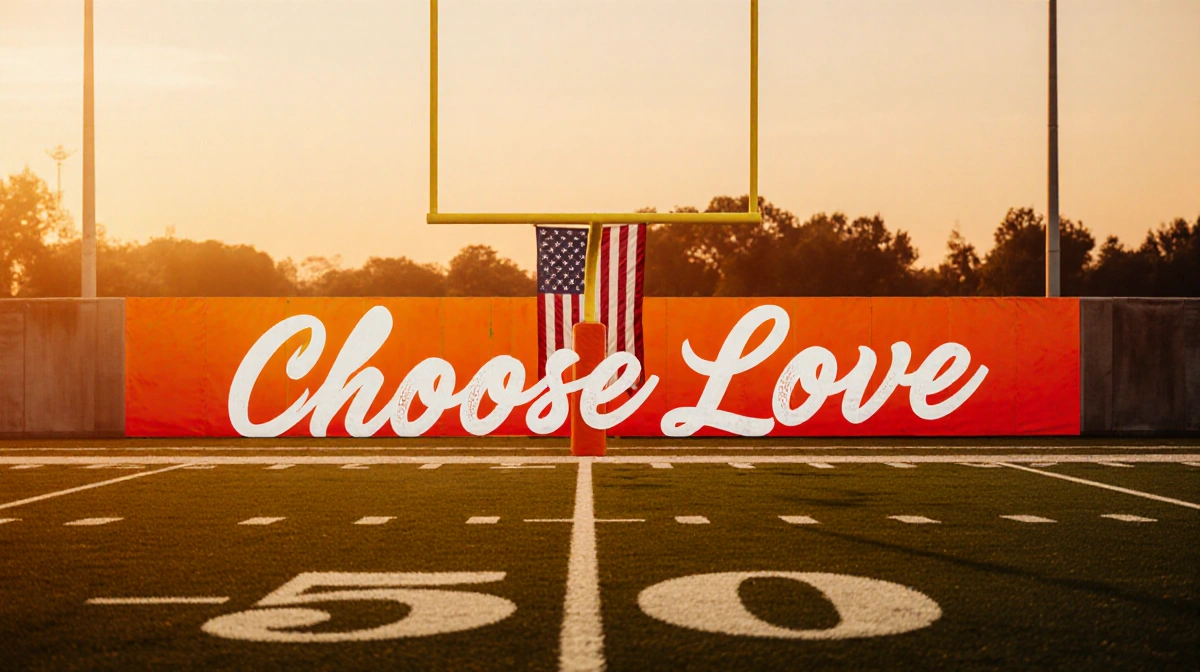 Football field showing Choose Love banner in end zone with American flag draped over goalpost at sunset