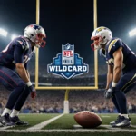 Teams standing at opposing goalposts with warm stadium lights and a football between them and a blurry crowd NFL logo