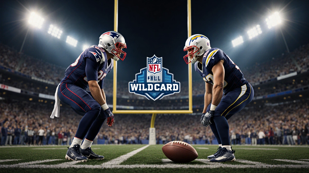 Teams standing at opposing goalposts with warm stadium lights and a football between them and a blurry crowd NFL logo