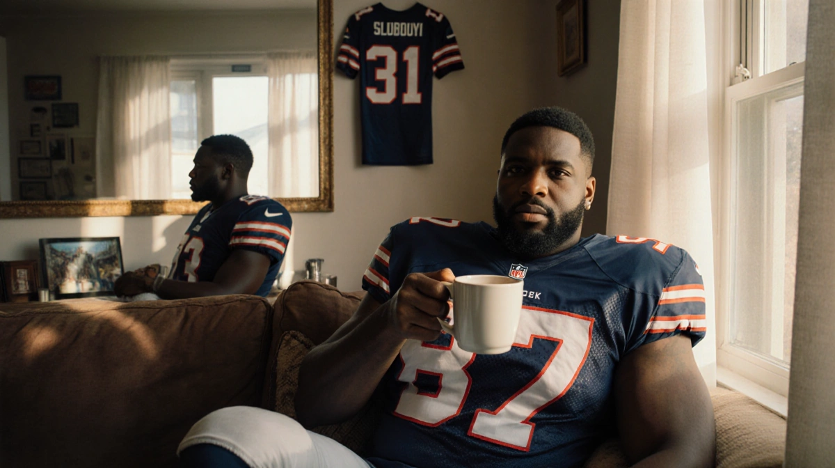 Former NFL player relaxing with coffee and football memorabilia visible in window reflection