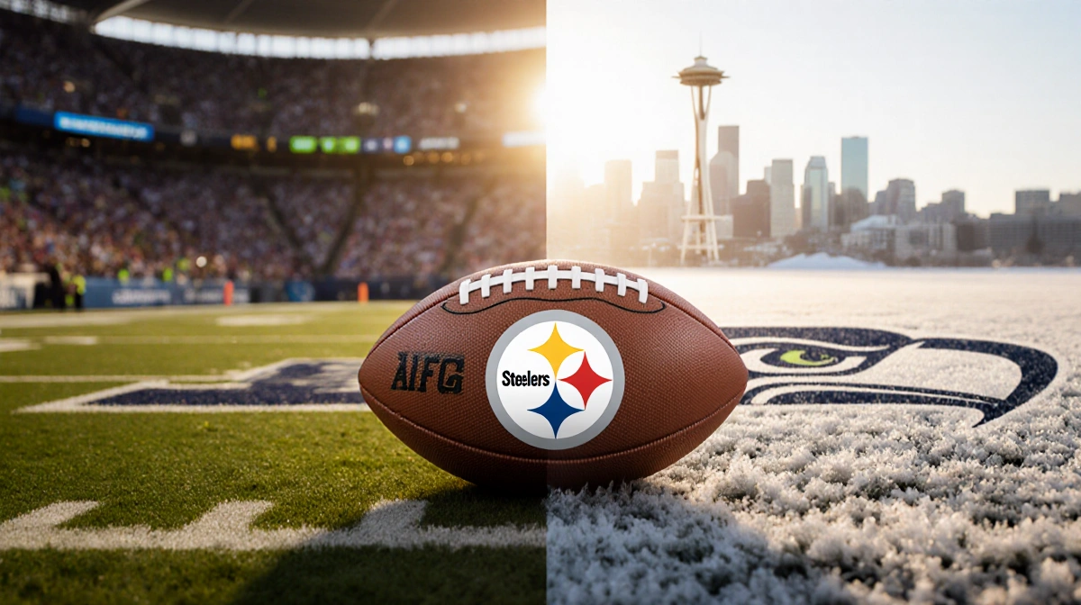 Football rests between Steelers and Seahawks logos with soft golden light highlighting playoff excitement