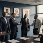 NFL coaches and players shaking hands with new staff members under natural light with whiteboard portraits showing key hires