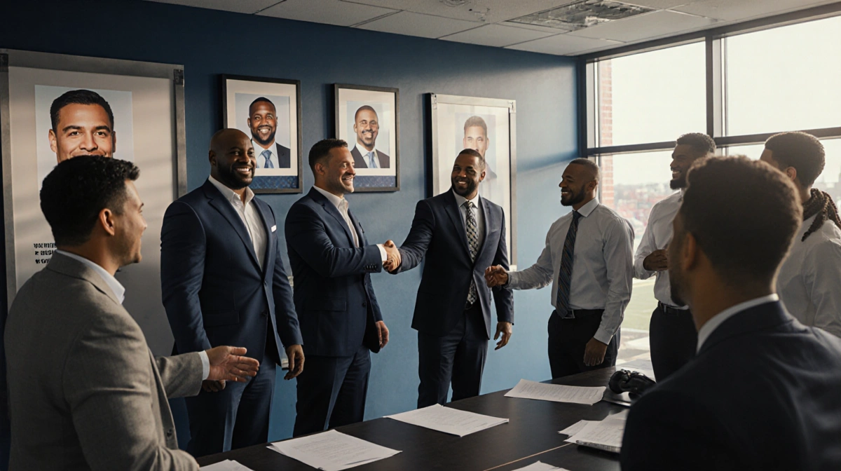 NFL coaches and players shaking hands with new staff members under natural light with whiteboard portraits showing key hires