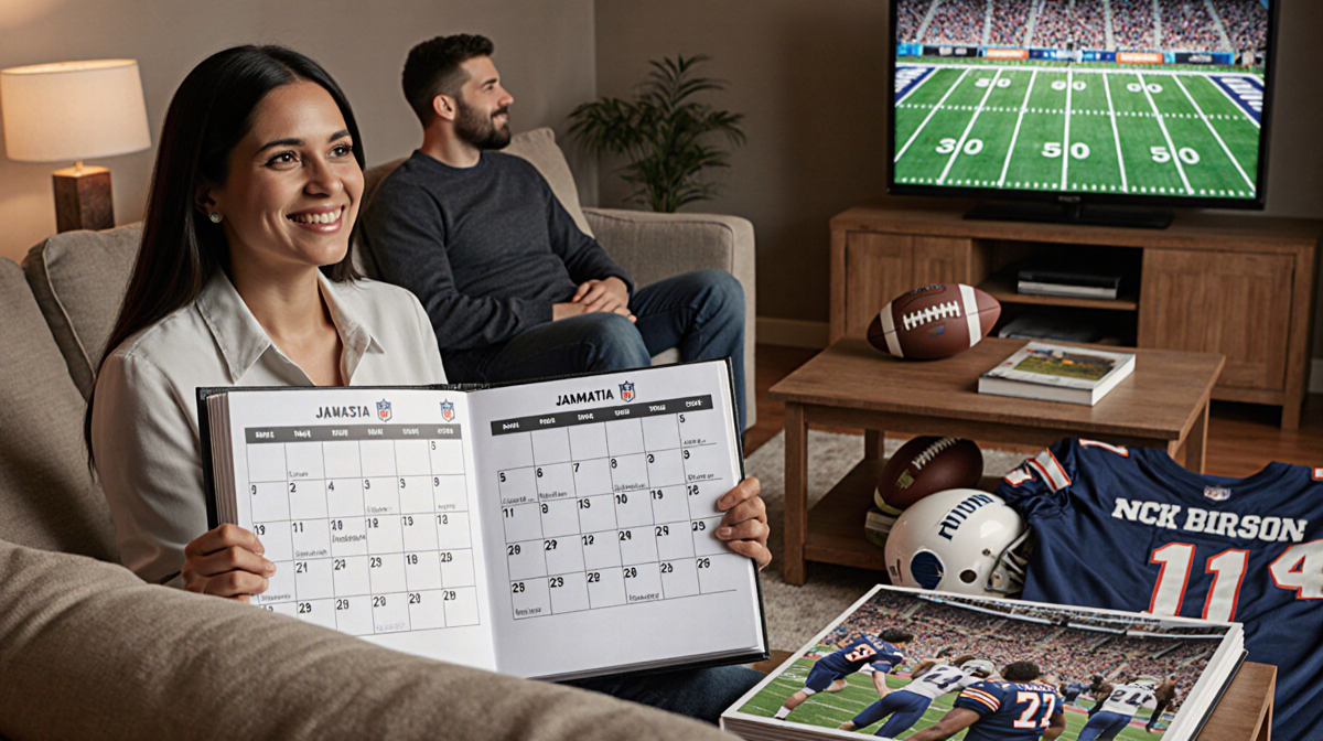 Jasmatia an NFL wife sits on couch holding a game schedule and family with TV showing football game.