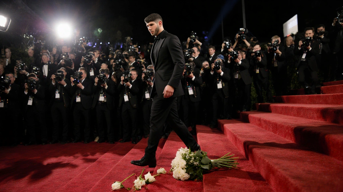 Nick Jonas walking away from Golden Globes with paparazzi flashbulbs and abandoned flowers on steps