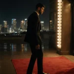 Nick Jonas leaving Golden Globes with red carpet lights reflecting on wet pavement and city skyline behind