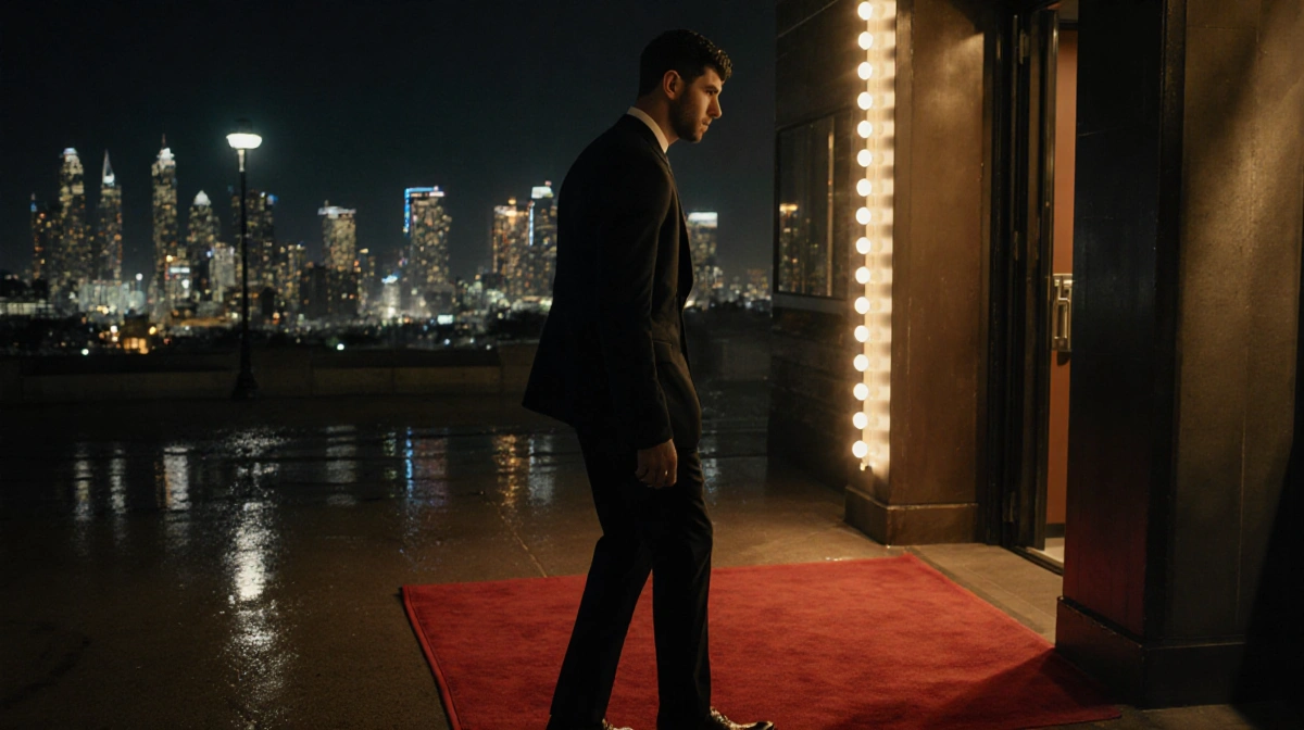 Nick Jonas leaving Golden Globes with red carpet lights reflecting on wet pavement and city skyline behind