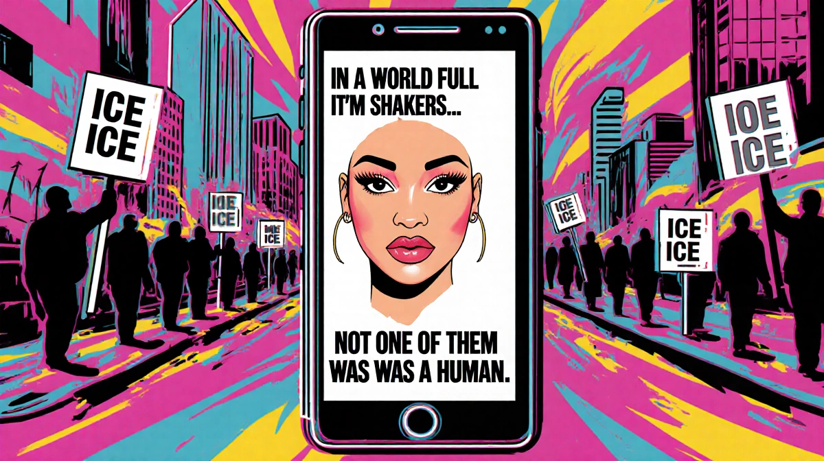 Nicki Minaj appears on smartphone screen with bold protest text and Minneapolis ICE protest signs swirling behind