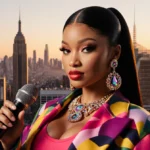 Nicki Minaj performs with microphone and golden sunset glow reflecting her colorful outfit against city skyline