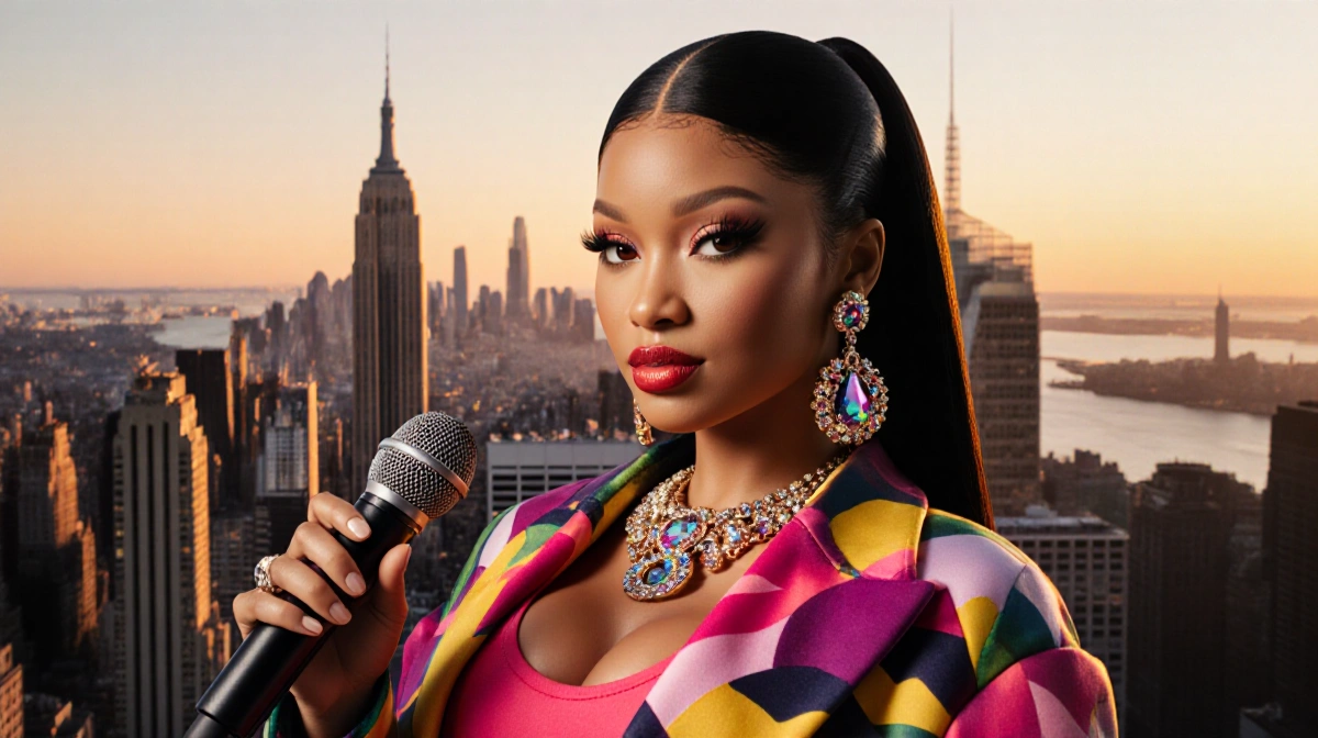 Nicki Minaj performs with microphone and golden sunset glow reflecting her colorful outfit against city skyline