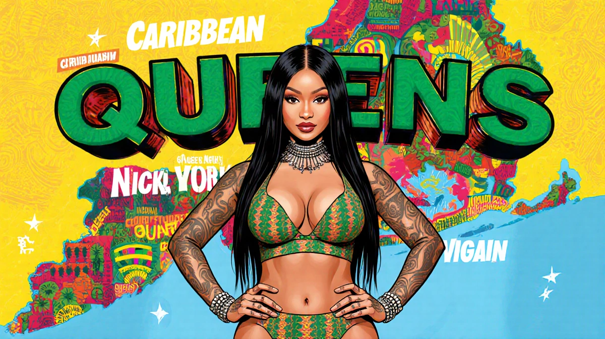 Nicki Minaj stands proudly with hands on hips in front of Queens map with Caribbean patterns and bold typography