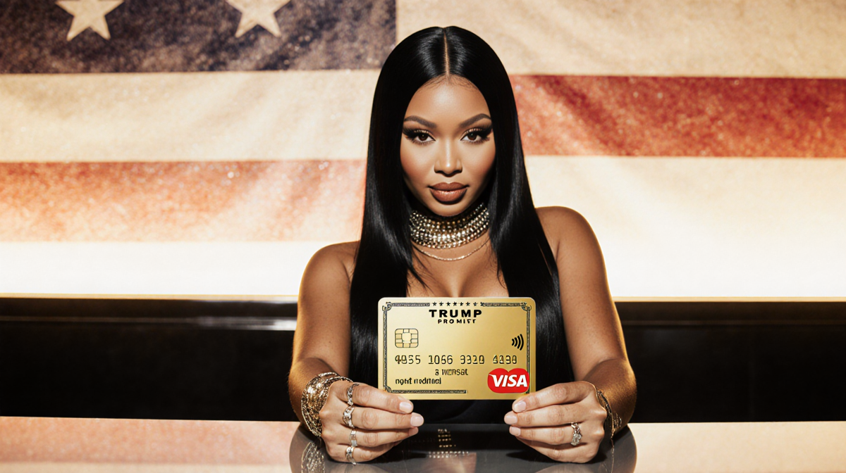 Nicki Minaj proudly holding a gold-plated credit card with the Trump Gold Card in front and a modern desk backdrop.