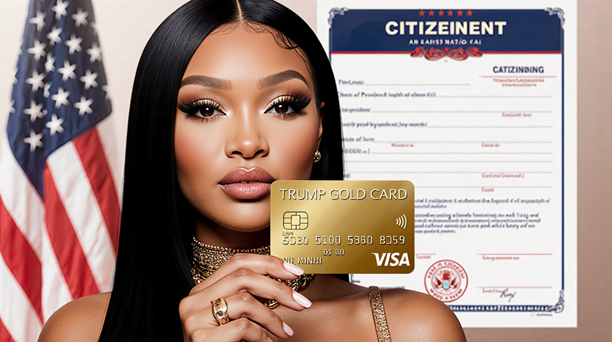 Nicki Minaj holds a Trump Gold Card with a confident smile and a blurred citizenship form and American flag behind her.