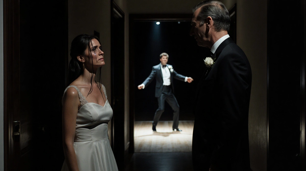 Nicola Beckham weeping in hallway with spotlight on dance floor where a singer will perform with Victoria