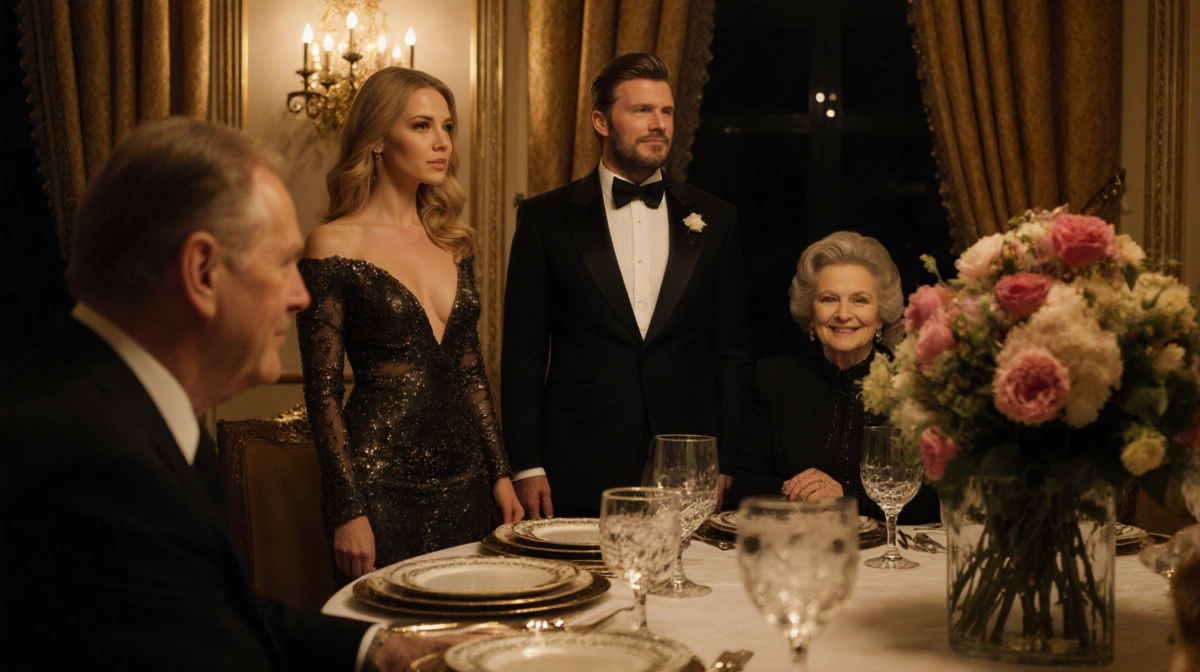 Nicola Peltz Beckham stands beside her parents at a dining table with a floral arrangement under warm golden light.