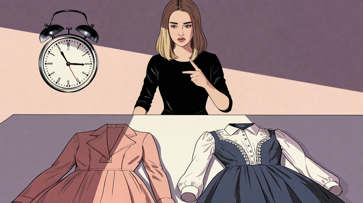 Nicola Peltz choosing between wedding dresses with Brooklyn Beckham pointing at Victoria Beckham gown and clock ticking