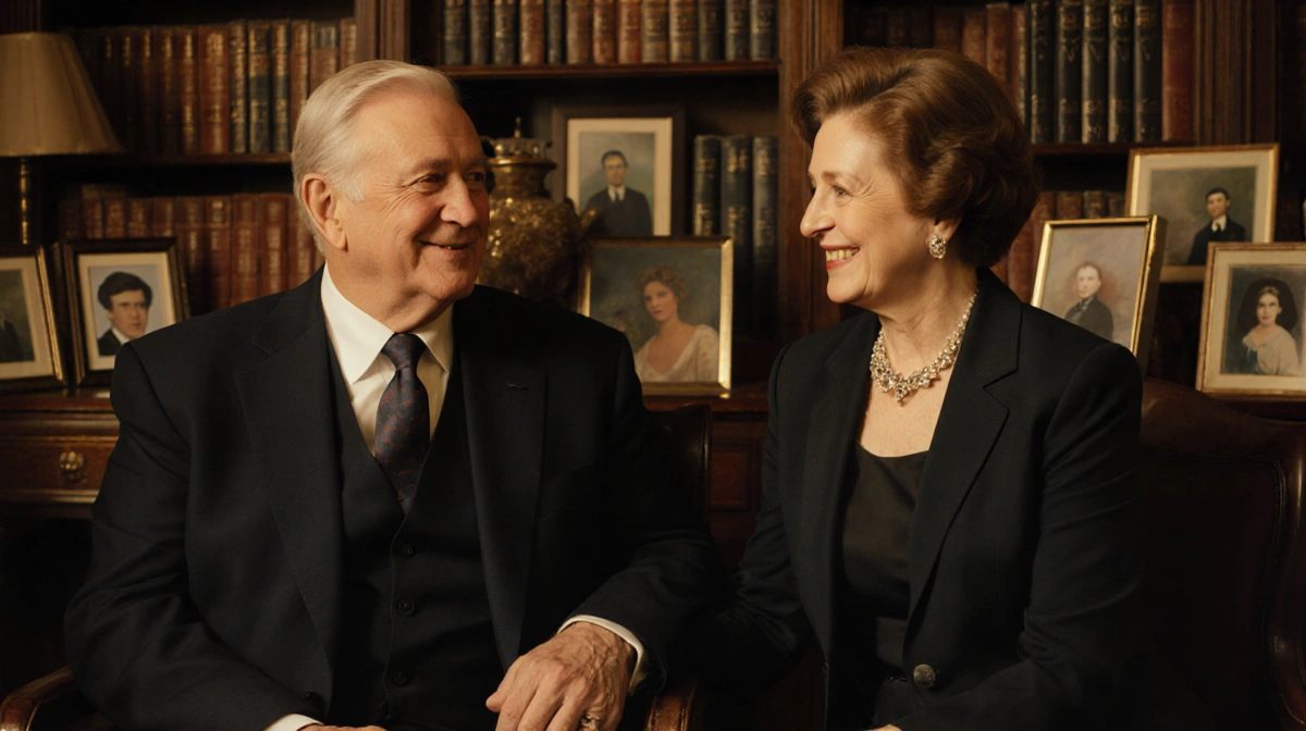 Nelson and Claudia sit hand in hand looking at each other in a luxurious study with books and family photos