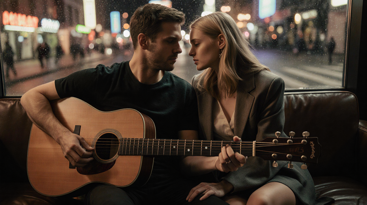 Nicola Peltz and Paul Klein seated on a couch with guitar in lap and leaning toward each other under warm lighting