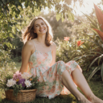 Nicole Brydon Bloom sits with bouquet of fresh flowers and feet propped on woven basket in serene tropical garden with golden