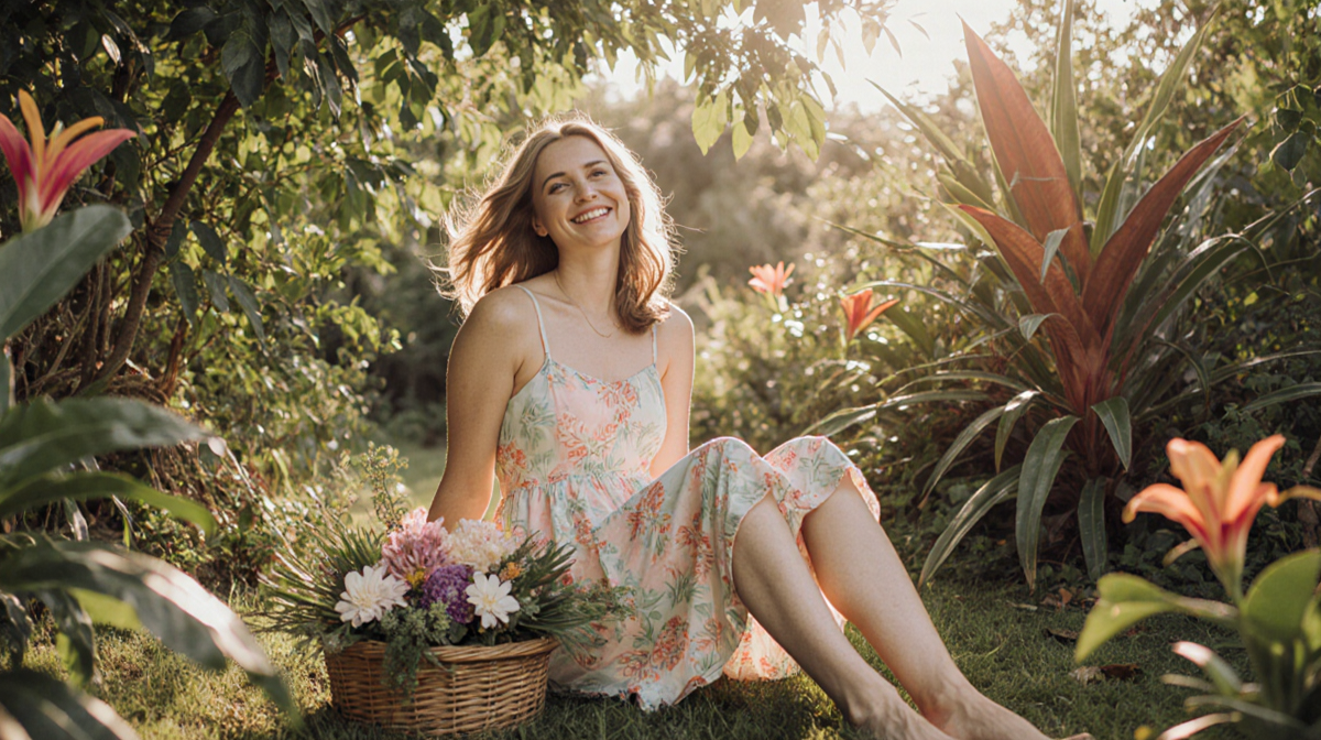 Nicole Brydon Bloom sits with bouquet of fresh flowers and feet propped on woven basket in serene tropical garden with golden