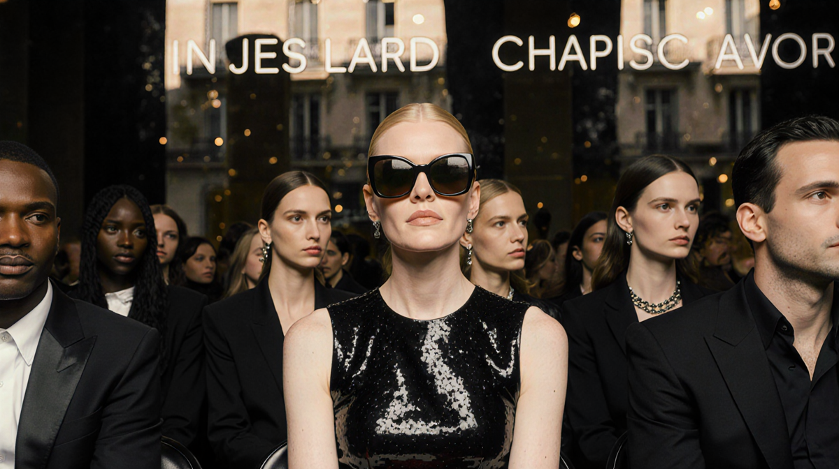 Nicole Kidman sits front row at Paris Fashion Week with black Chanel gown and oversized sunglasses under golden light