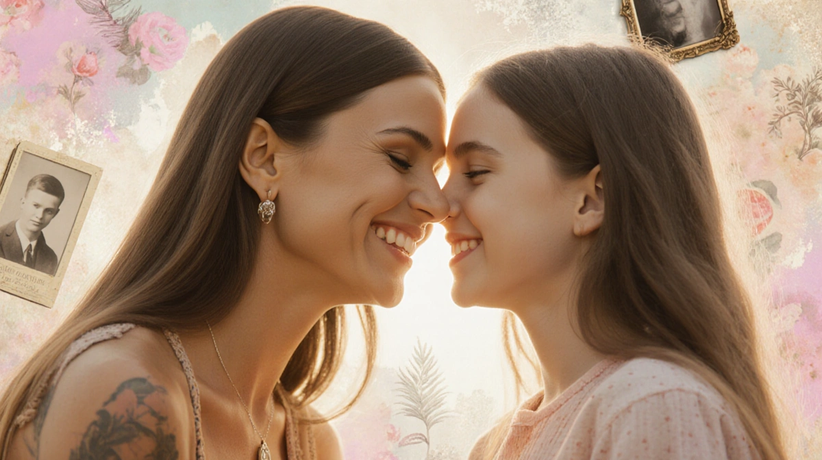 Nicole Richie smiling warmly at her teenage daughter with soft pastel background and vintage family heirlooms visible