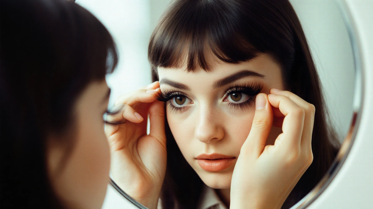 Nicole Richie applying Twiggy-style false eyelashes with retro 1960s makeup and blurred mirror background