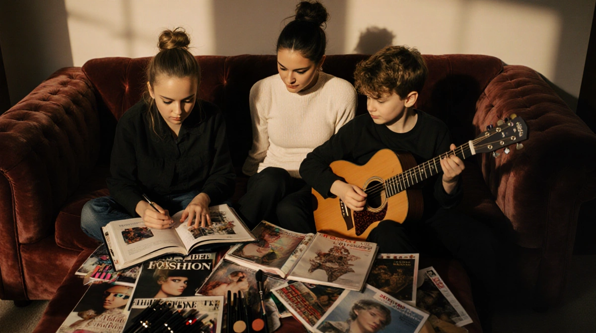 Nicole Richie relaxing on velvet couch with kids and guitar showing intimate family bonding