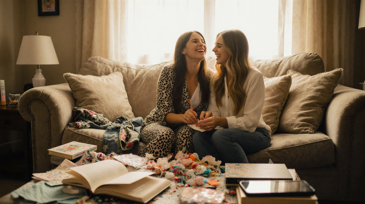 Nicole Richie laughing with daughter while crafting together with books and fashion items scattered on couch