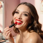 Nicole Richie applying red lip gloss at vanity with Twiggy-style lashes and soft pink background showing vintage makeup ads