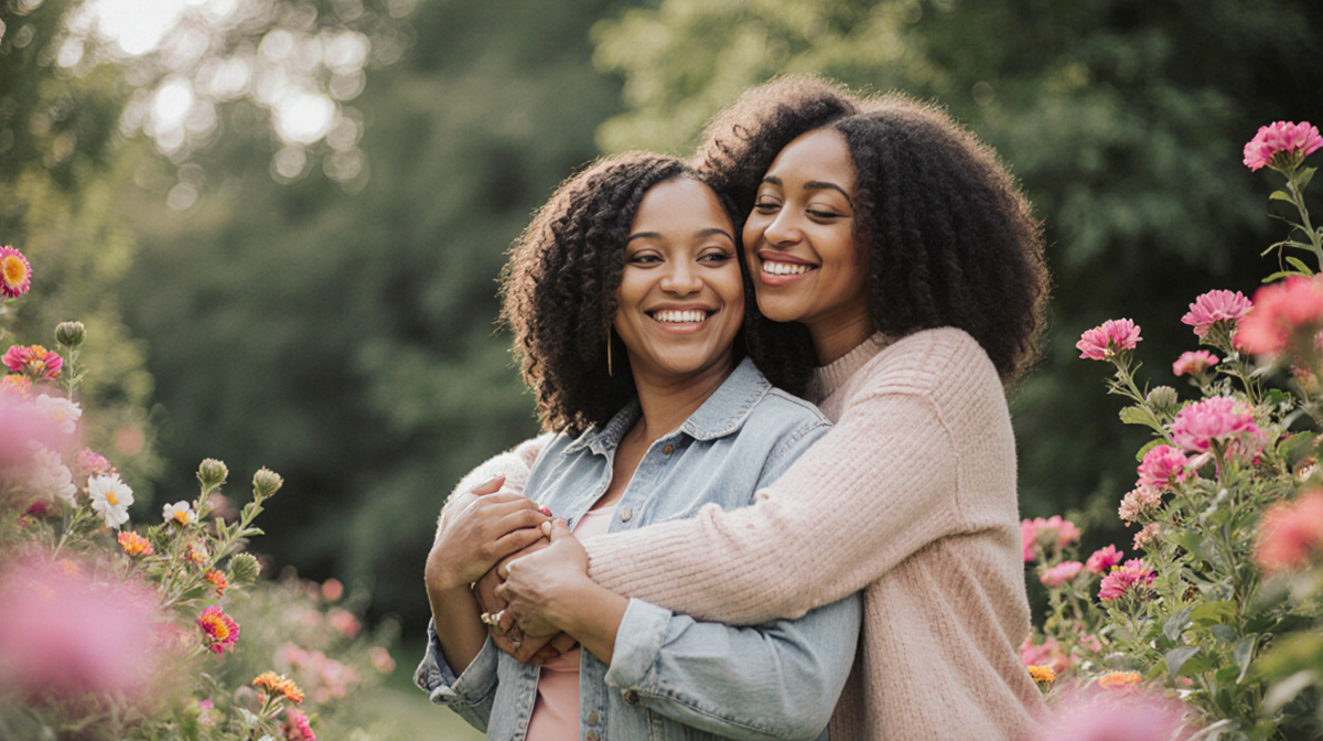 Niecy Nash-Betts embracing Jessica Betts with lush green backdrop and vibrant flowers showing love and acceptance