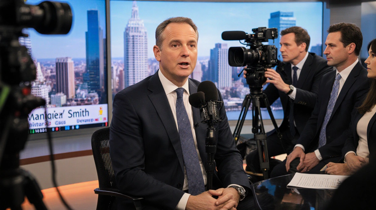 Nigel Smith speaking into microphone with news anchors and cameras in TV studio with teleprompter