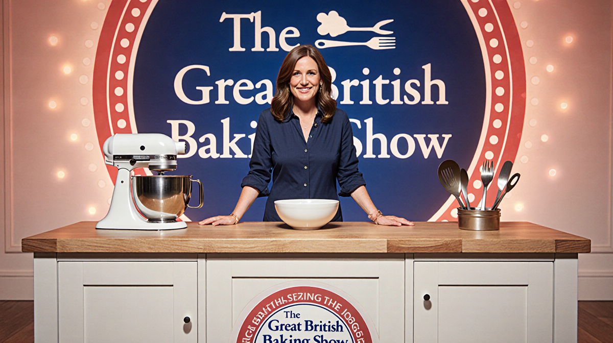 Nigella Lawson standing before judging table with a mixing bowl and utensils and Great British Baking Show logo in background