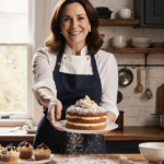 Nigella Lawson holding a Victoria sponge cake with flour dusting her dress and natural light highlighting crumbs