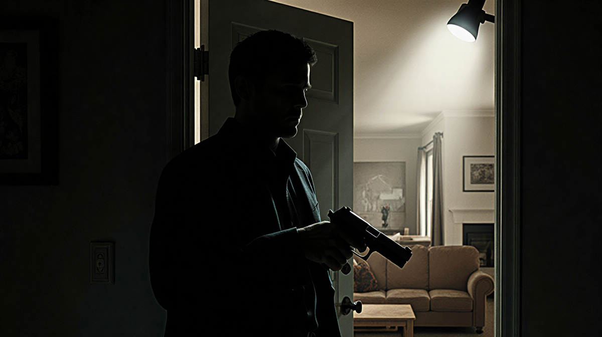 Gustin holds a handgun with a spotlight on his doorway silhouette and a faint living room in the background.