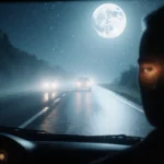 Driver navigating foggy road with full moon and dashboard glow while focused on safety