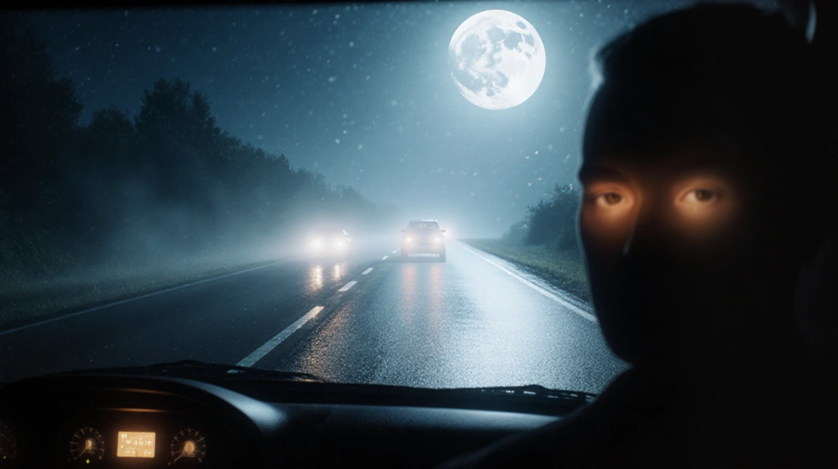 Driver navigating foggy road with full moon and dashboard glow while focused on safety