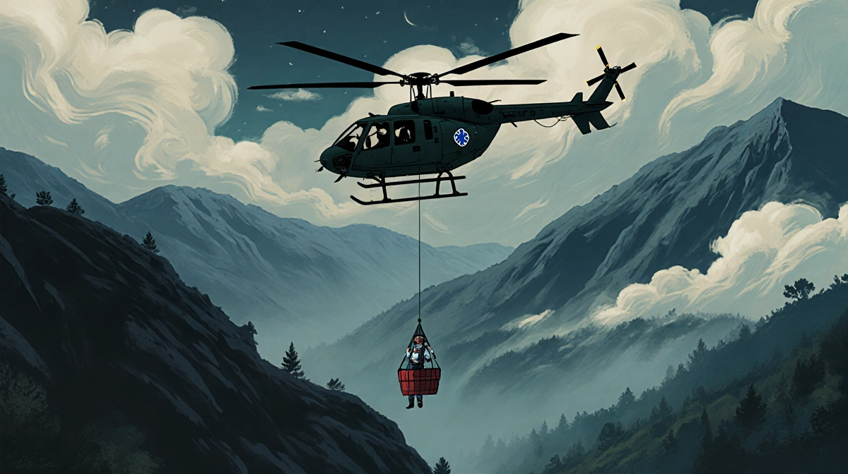 Helicopter hovering over Mount Baldy with rescue basket lowered toward misty ground