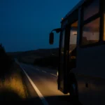 Bus silhouette glows on midnight highway with driver reflection.