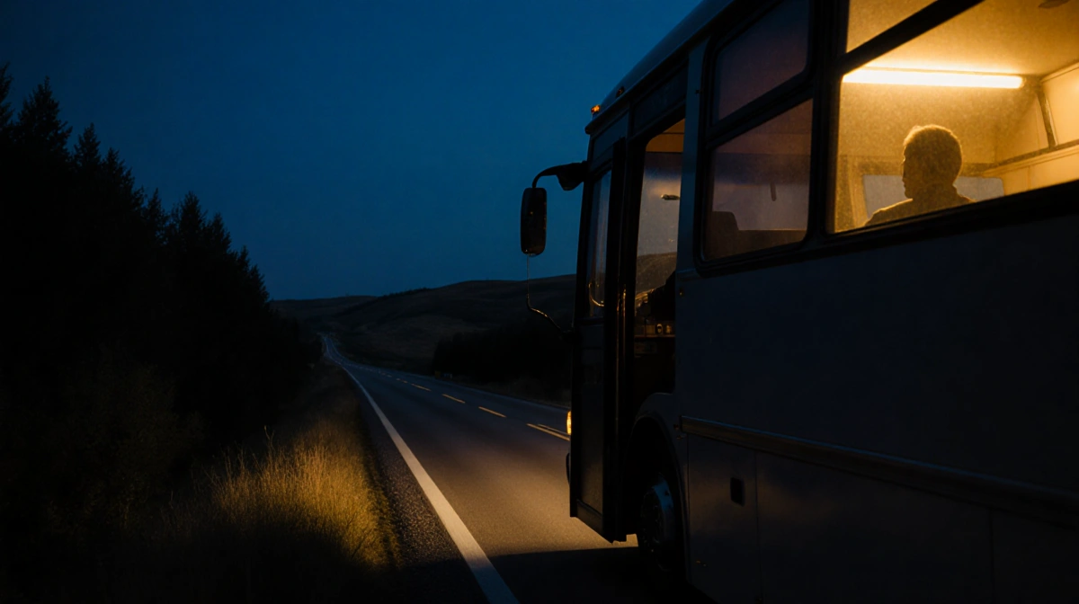Bus silhouette glows on midnight highway with driver reflection.