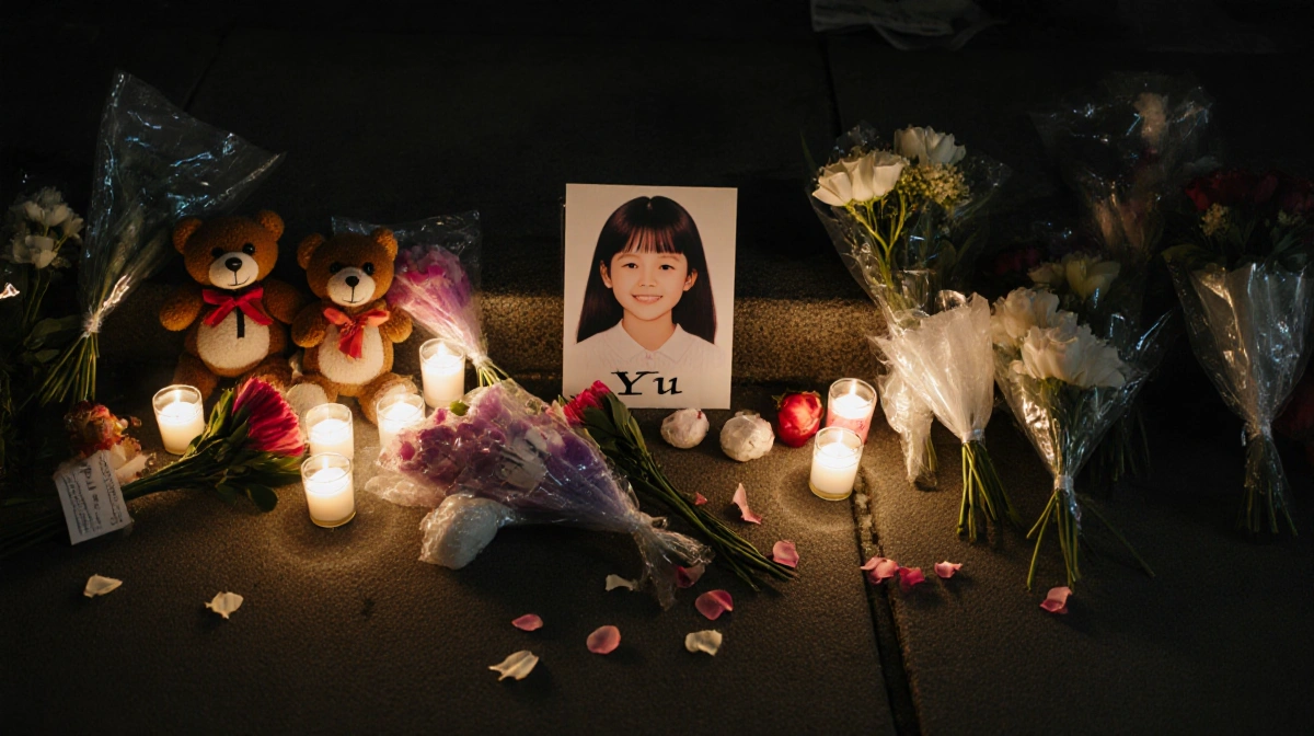 Makeshift memorial glows with candles and flowers showing teddy bears for young girl who lost her life