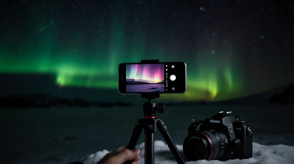 Phone on tripod captures Northern Lights with screen showing the colorful display and camera nearby