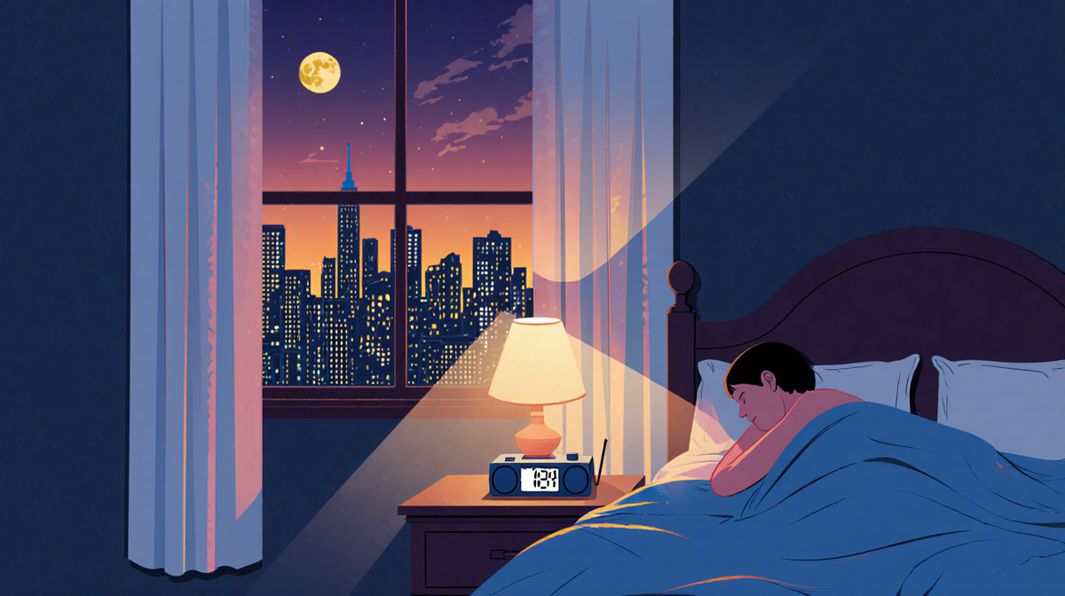 Person lying in bed with clock radio and evening lights while night owl cityscape sunset glows behind