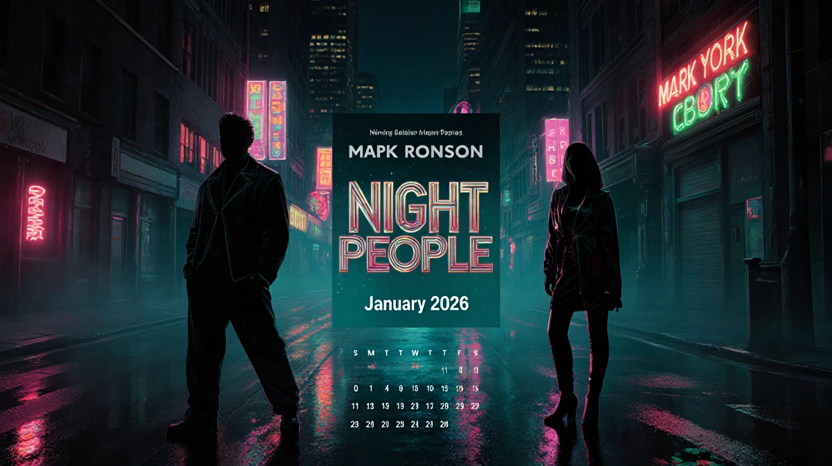 January 2026 calendar shows Night People memoir title with neon-lit NYC street and 80s silhouettes dancing